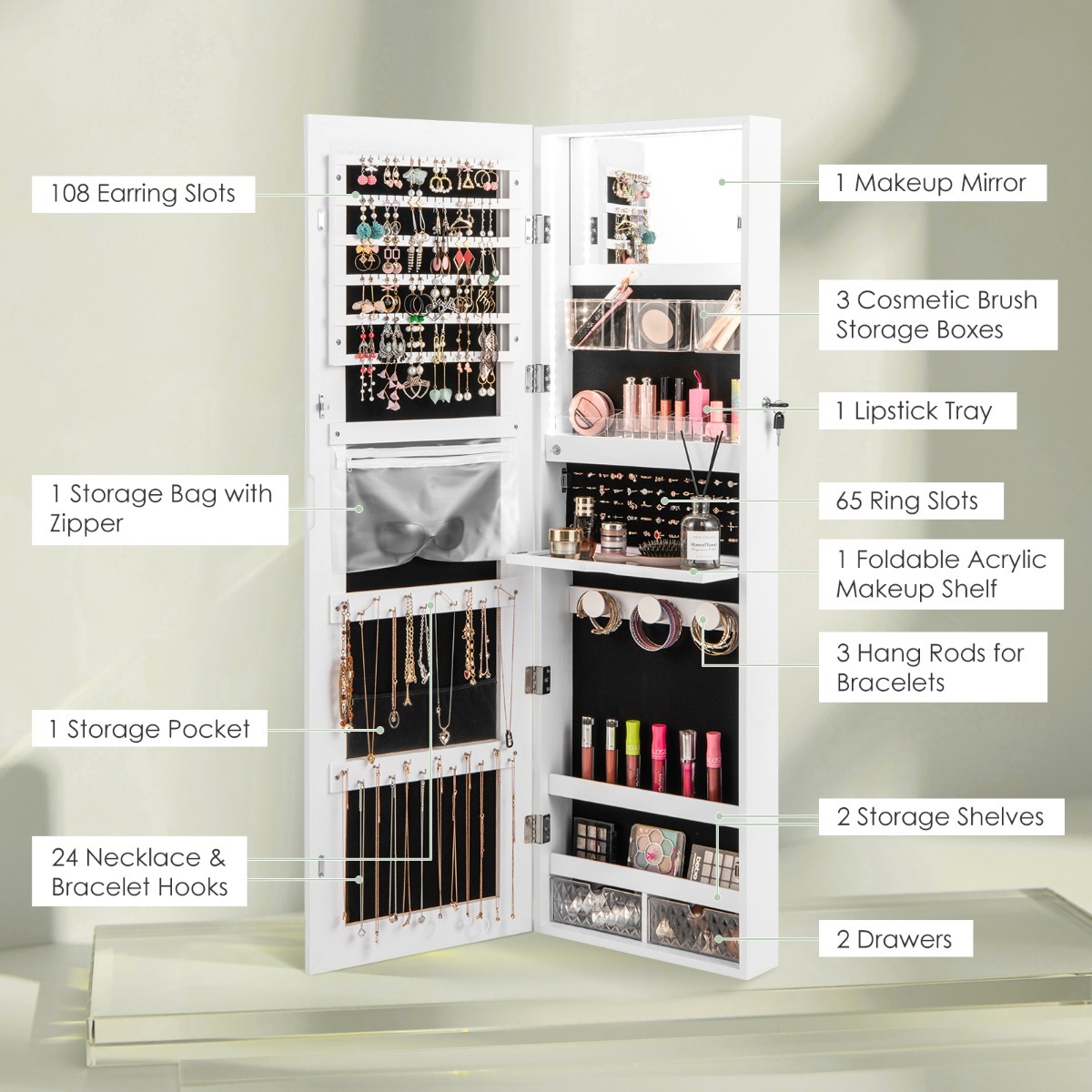 Ellegnt Lockable Mirror Jewelry Cabinet with 3-Colour LED Light