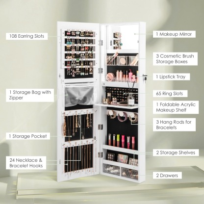 Ellegnt Lockable Mirror Jewelry Cabinet with 3-Colour LED Light