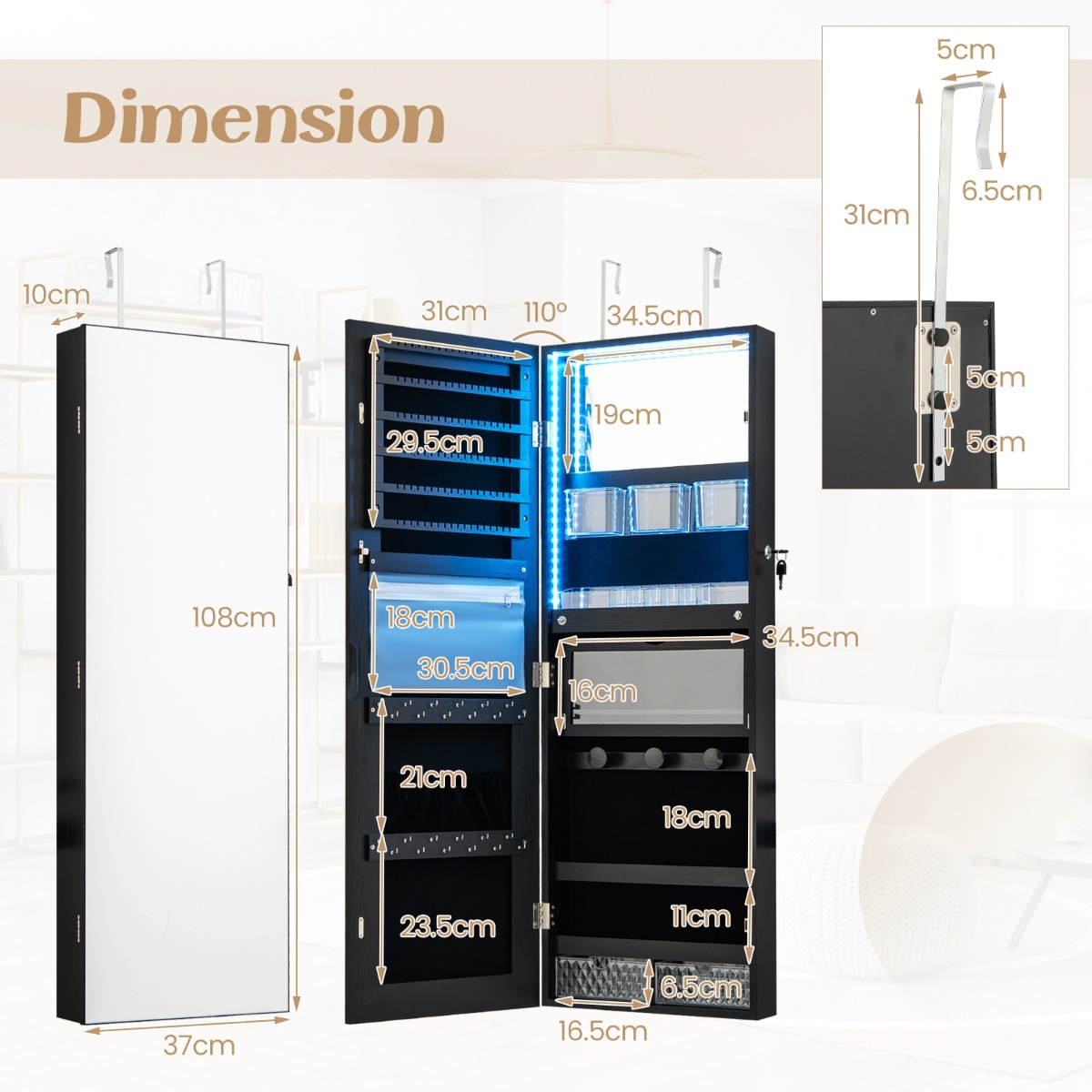 Ellegnt Lockable Mirror Jewelry Cabinet with 3-Colour LED Light