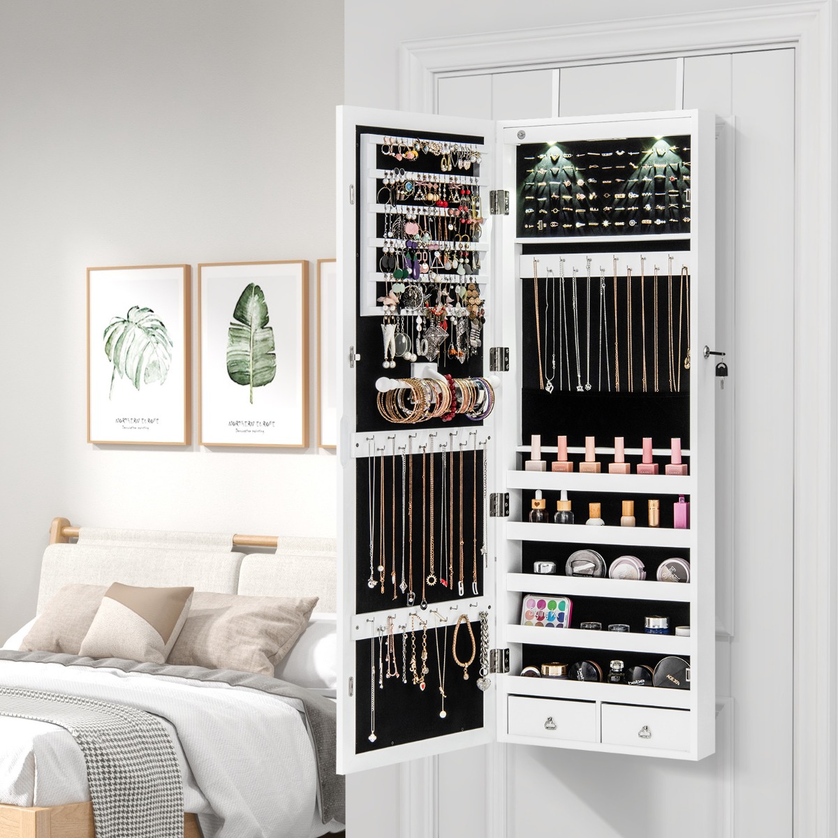 Ellegnt Jewelry Cabinet with Full Length Clear Mirror and Internal LED Lights