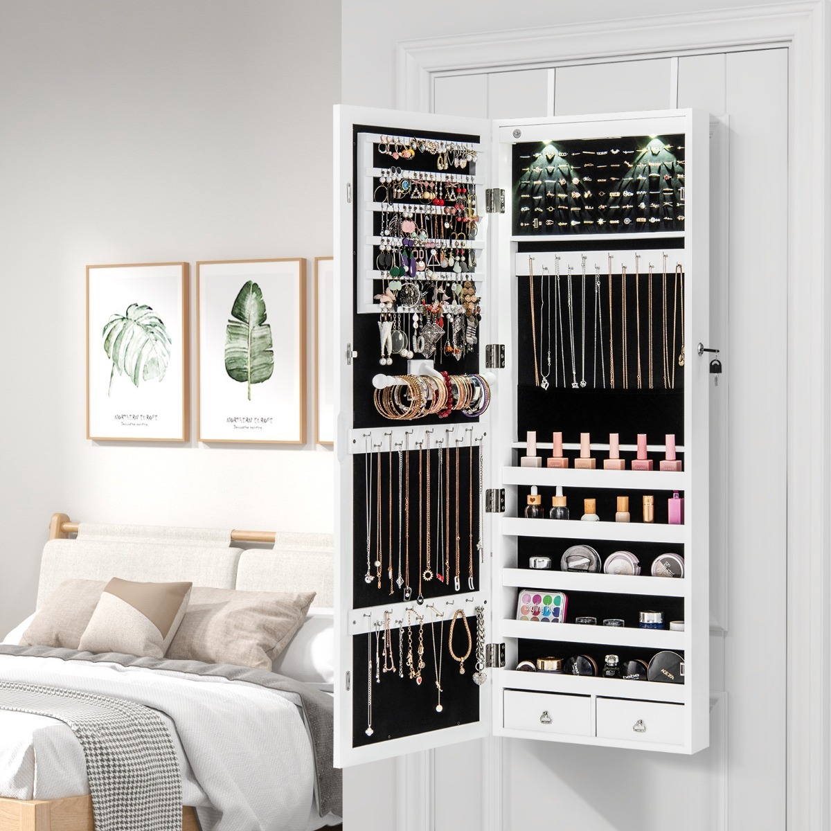 Ellegnt Jewelry Cabinet with Full Length Clear Mirror and Internal LED Lights