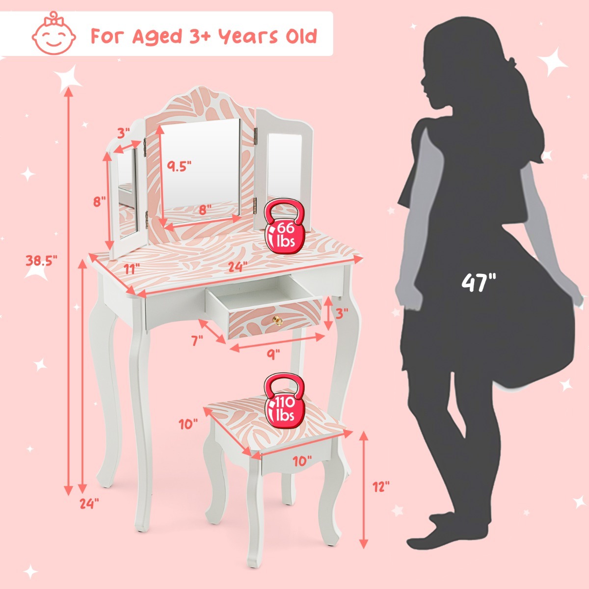 Ellegnt Kids Vanity Set with Tri-folding Mirror, Drawer and Stool