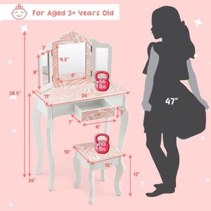 Ellegnt Kids Vanity Set with Tri-folding Mirror, Drawer and Stool