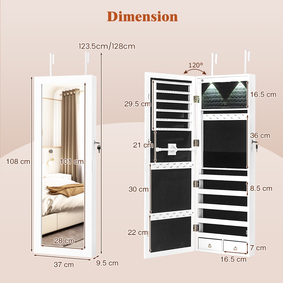 Ellegnt Jewelry Cabinet with Full Length Clear Mirror and Internal LED Lights