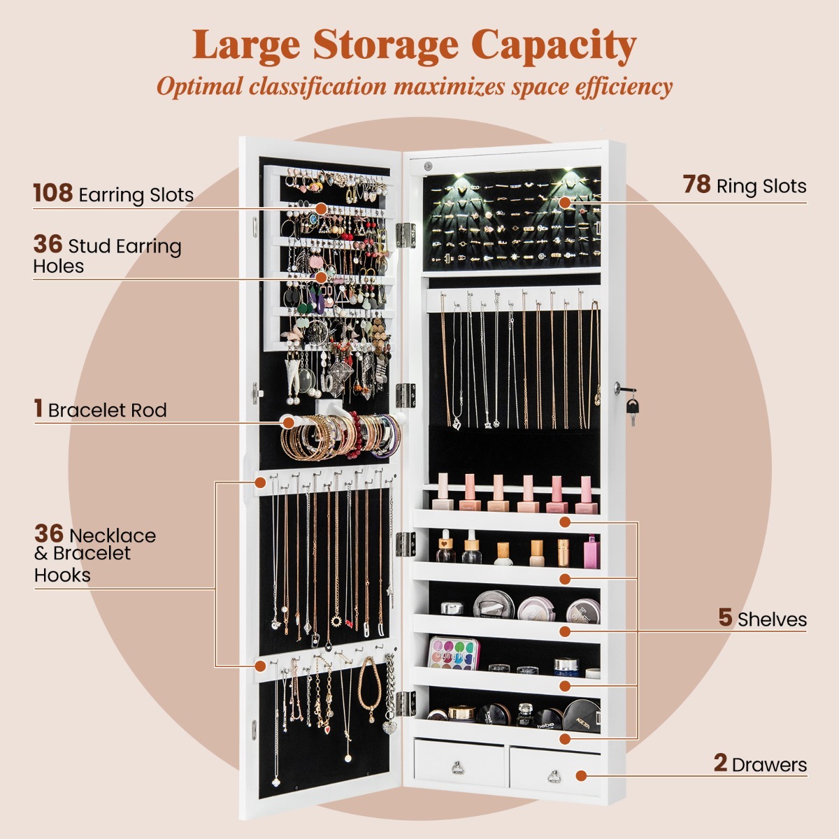 Ellegnt Jewelry Cabinet with Full Length Clear Mirror and Internal LED Lights