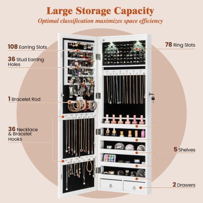 Ellegnt Jewelry Cabinet with Full Length Clear Mirror and Internal LED Lights