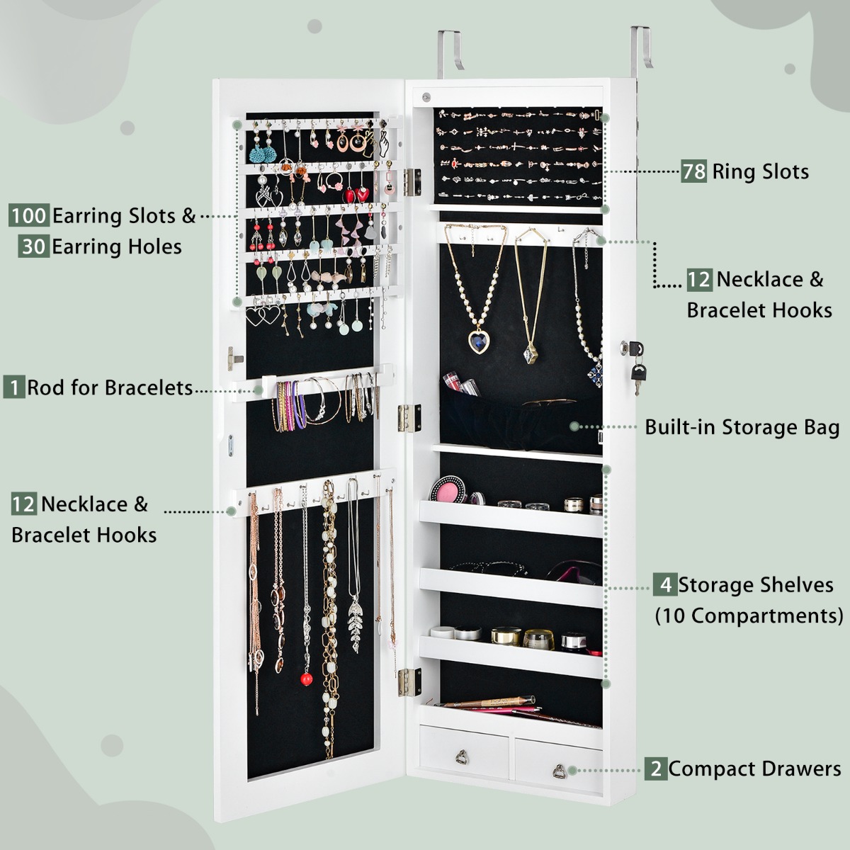 Ellegnt Jewelry Storage Cabinet with 6 LED Lights and 2 Drawers
