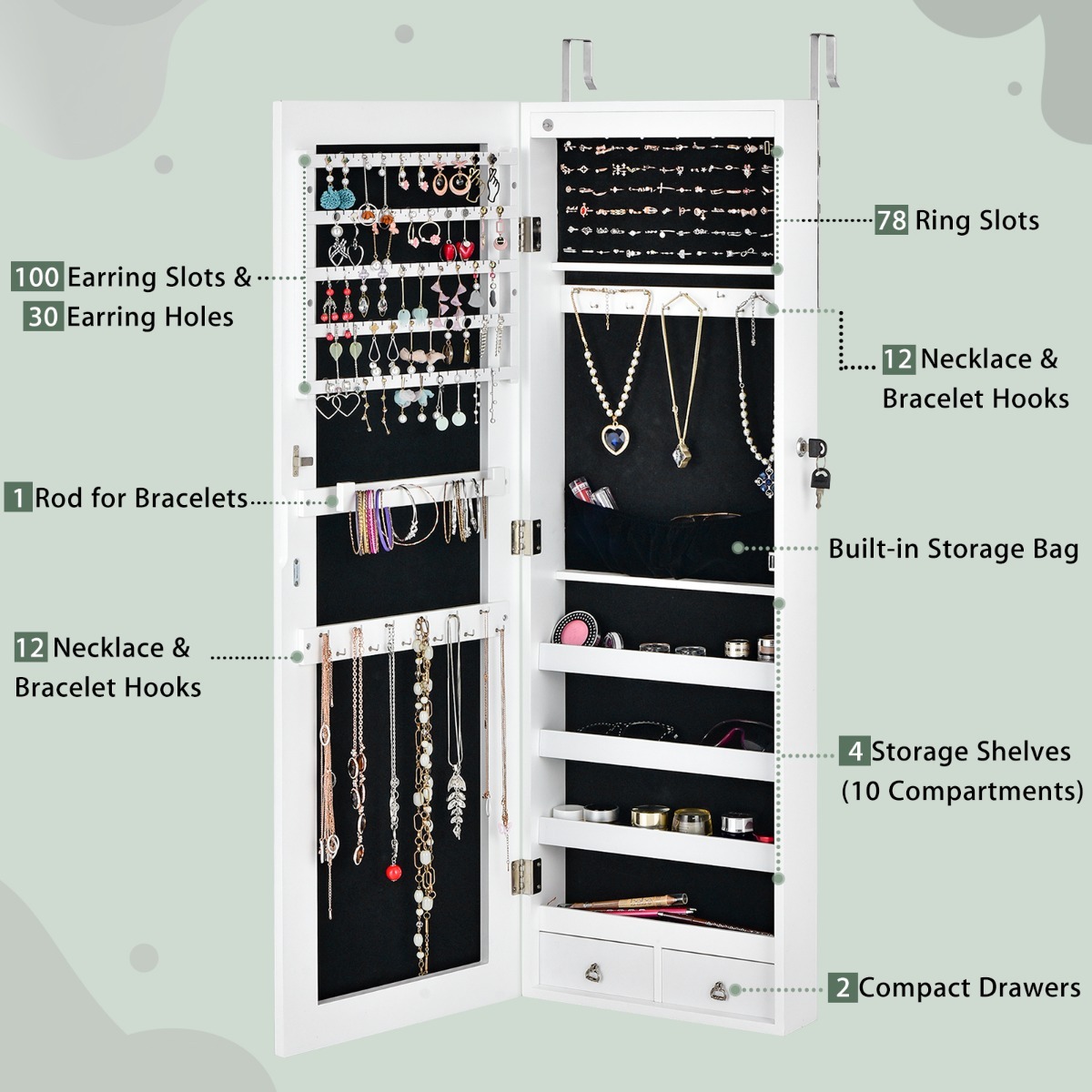 Ellegnt Jewelry Storage Cabinet with 6 LED Lights and 2 Drawers