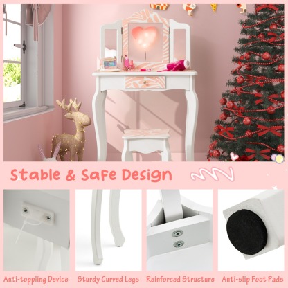 Ellegnt Kids Vanity Set with Tri-folding Mirror, Drawer and Stool