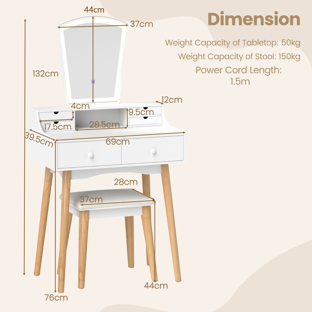 Ellegnt Vanity Makeup Table with 6 Drawers