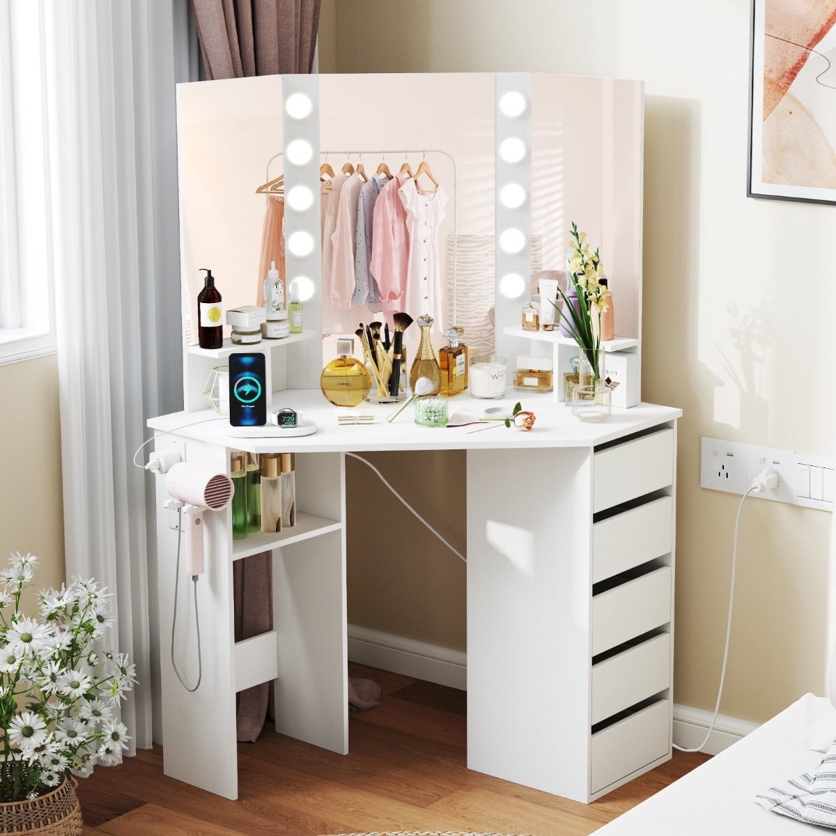 Ellegnt Corner Makeup Vanity Desk with Lighted Mirror and Power Outlets