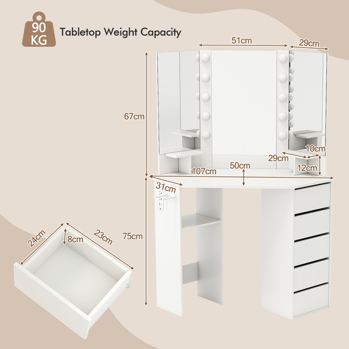 Ellegnt Corner Makeup Vanity Desk with Lighted Mirror and Power Outlets