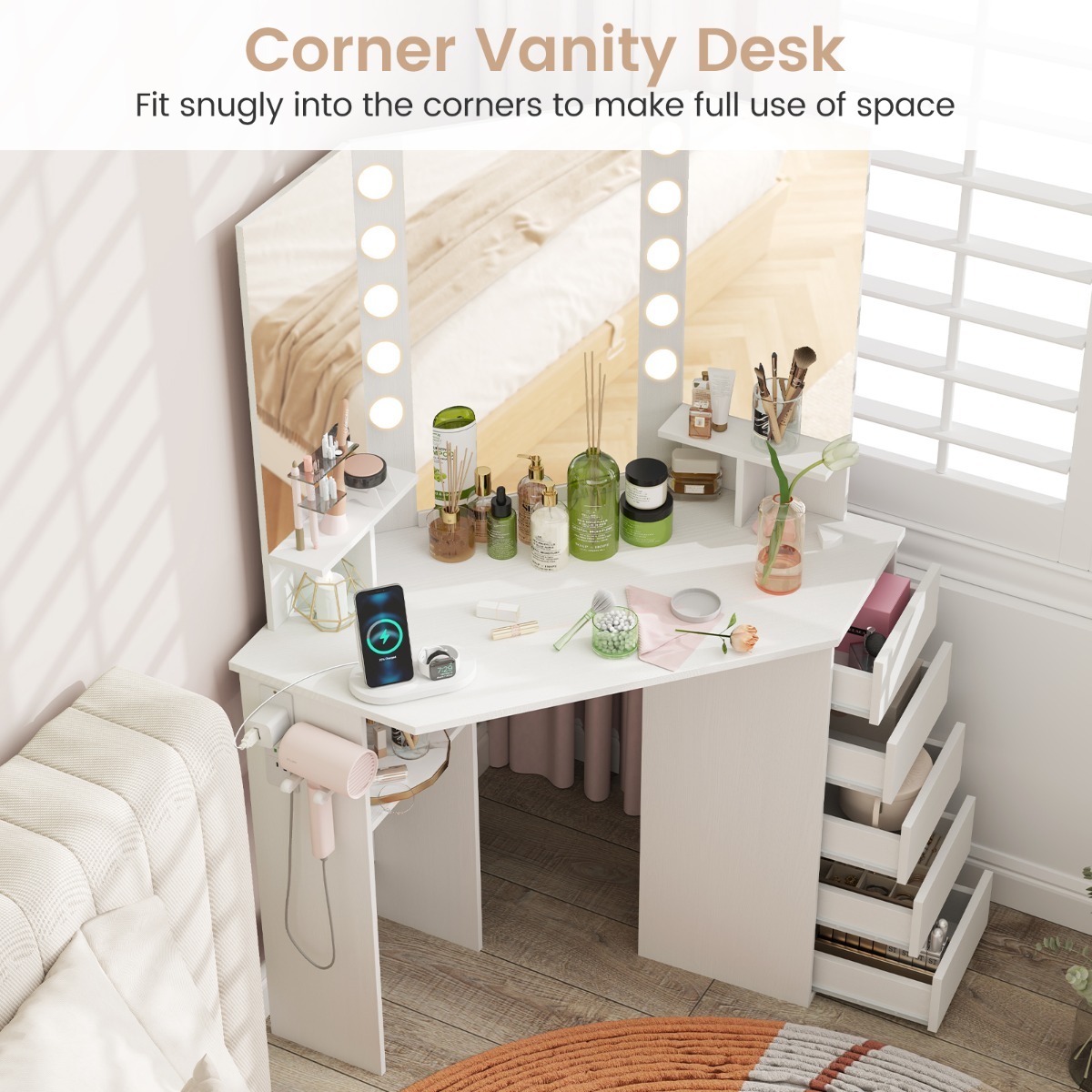 Ellegnt Corner Makeup Vanity Desk with Lighted Mirror and Power Outlets