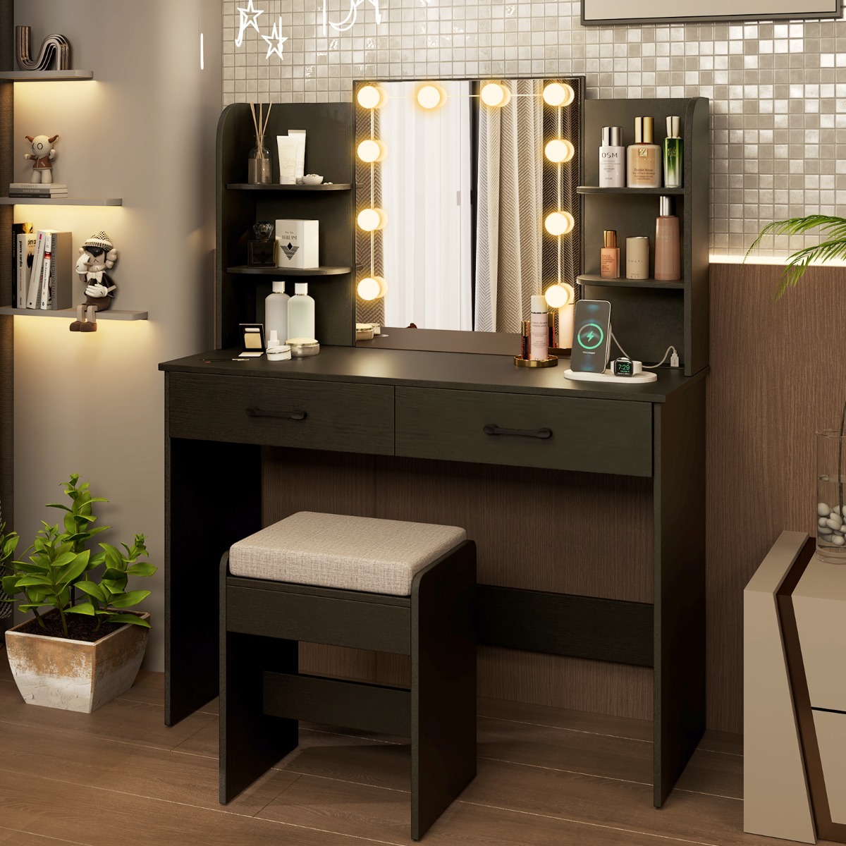 Ellegnt Makeup Vanity Desk with Lighted Mirror and Open Shelves