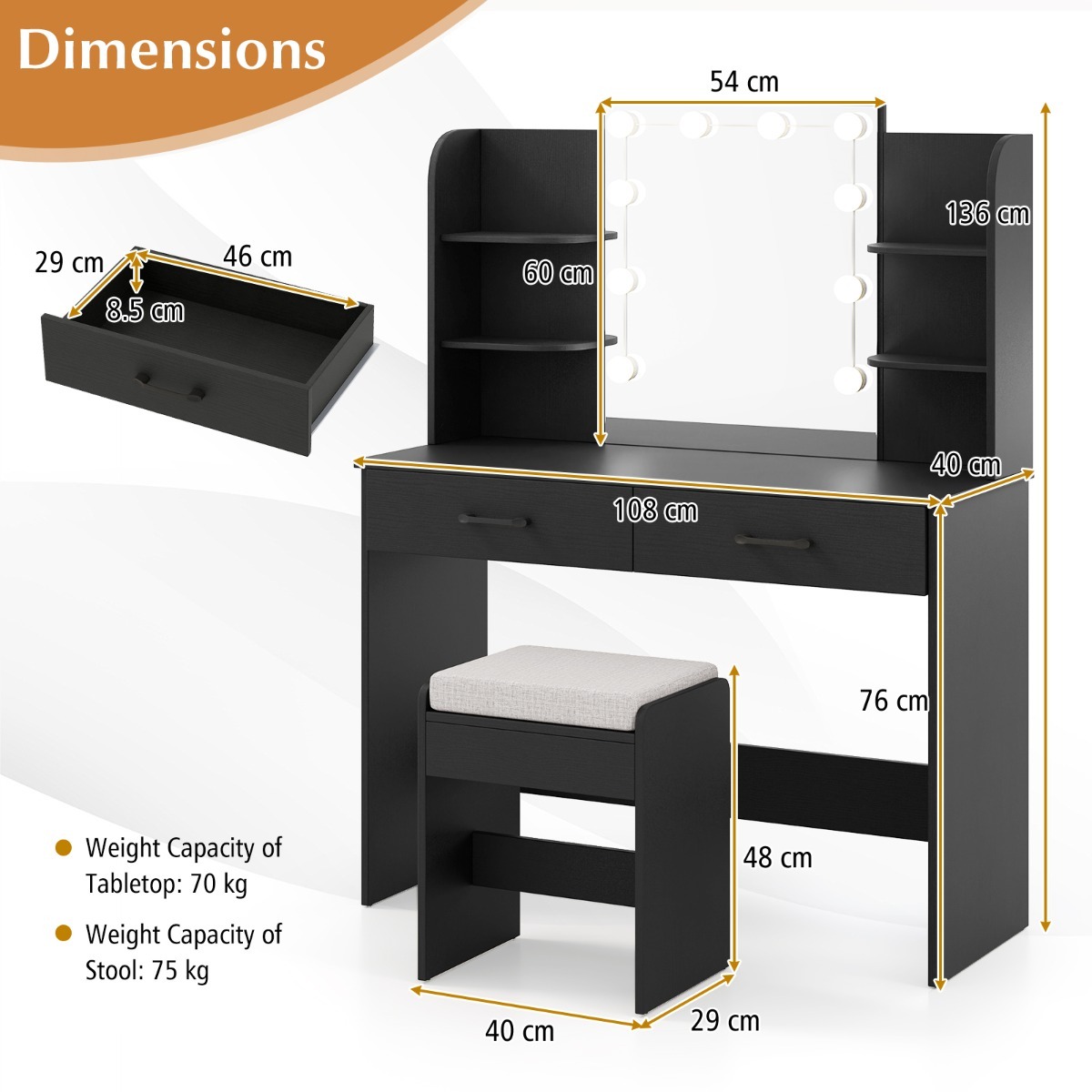 Ellegnt Makeup Vanity Desk with Lighted Mirror and Open Shelves