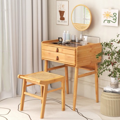 Ellegnt Bamboo Makeup Vanity Table with Mirror and 2 Storage Drawers
