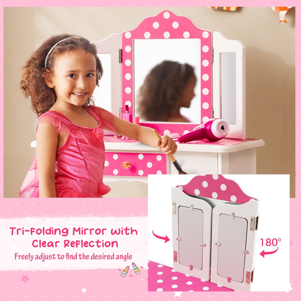 Ellegnt Kids Vanity Set with Tri-folding Mirror, Drawer and Stool