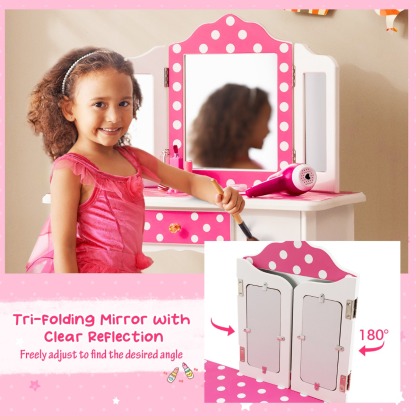 Ellegnt Kids Vanity Set with Tri-folding Mirror, Drawer and Stool