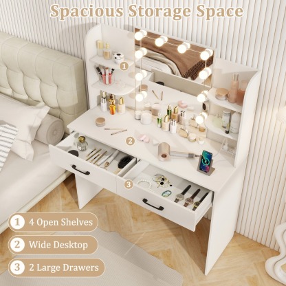 Ellegnt Makeup Vanity Desk with Lighted Mirror and Open Shelves