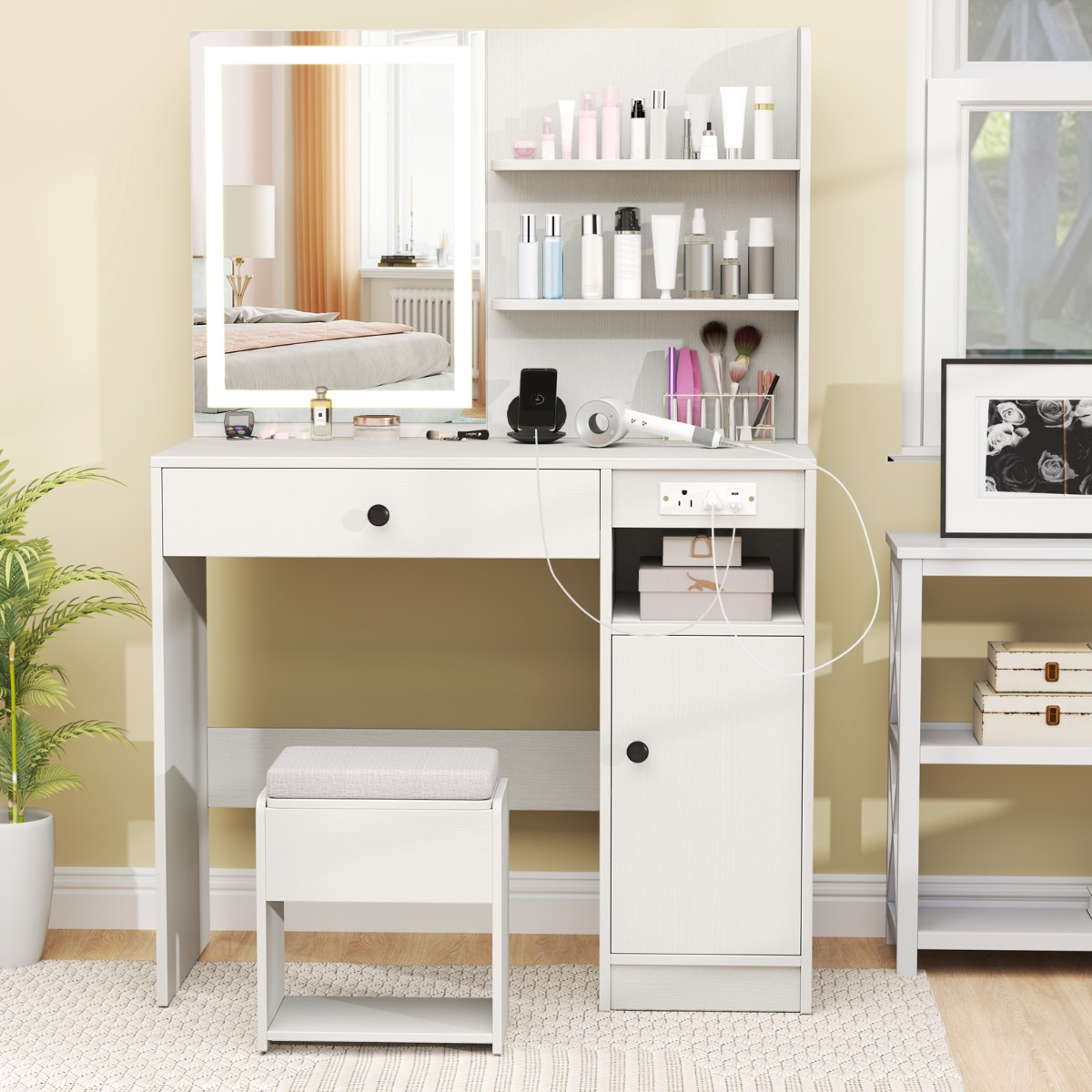 Ellegnt Vanity Desk with Cushioned Storage Stool and 3 Lighting Modes