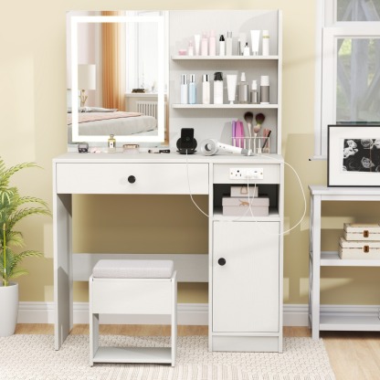 Ellegnt Vanity Desk with Cushioned Storage Stool and 3 Lighting Modes