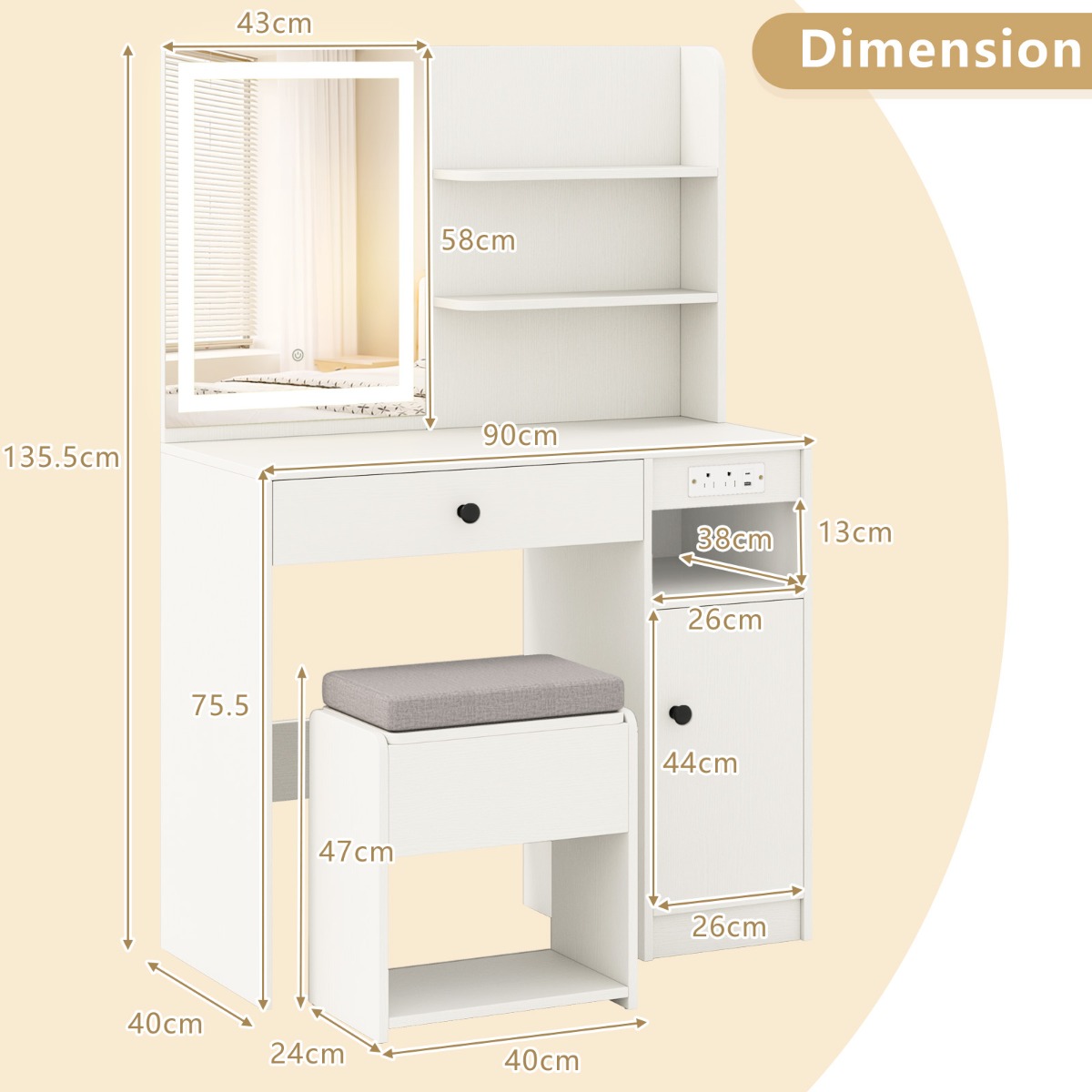 Ellegnt Vanity Desk with Cushioned Storage Stool and 3 Lighting Modes
