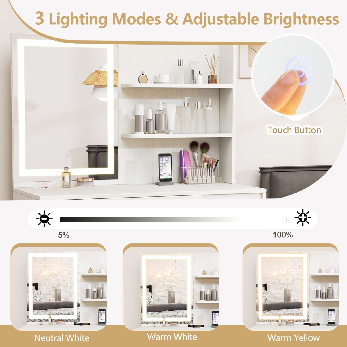 Ellegnt Vanity Desk with Cushioned Storage Stool and 3 Lighting Modes