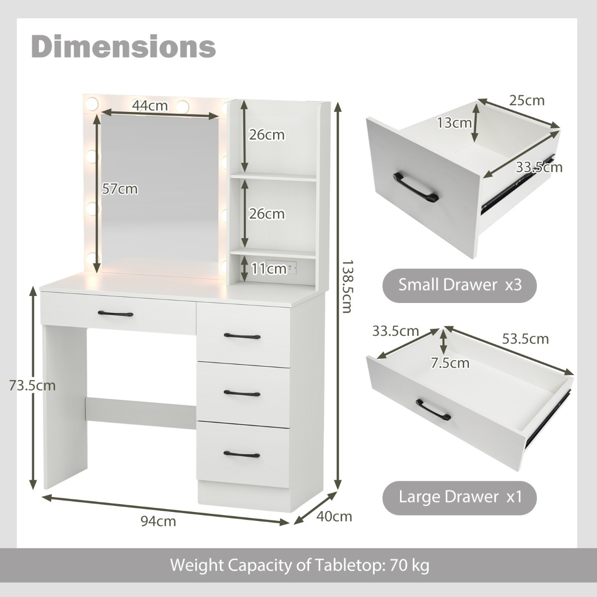 Ellegnt Makeup Vanity Desk with Mirror and 3-Color LED Lights Charging Station