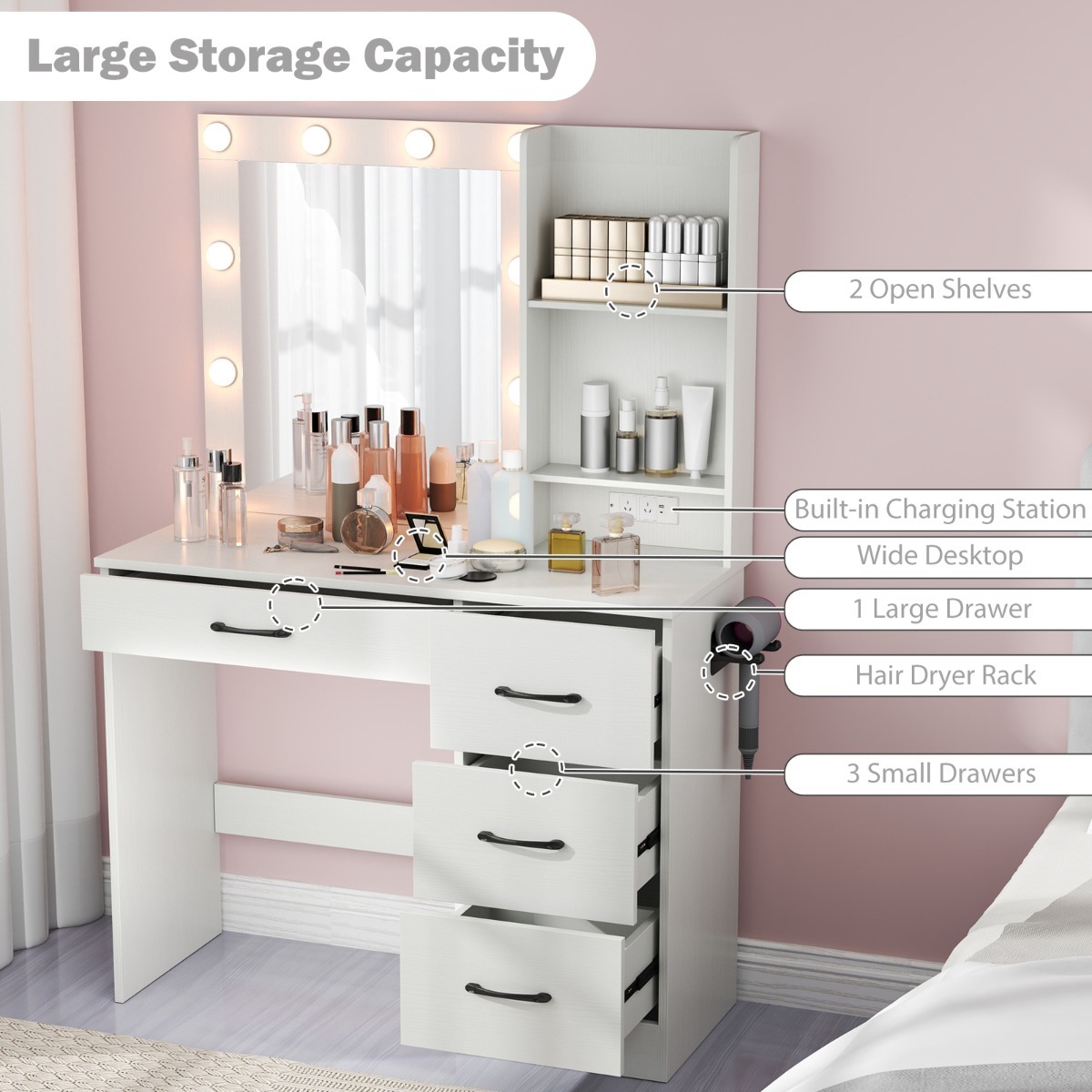 Ellegnt Makeup Vanity Desk with Mirror and 3-Color LED Lights Charging Station