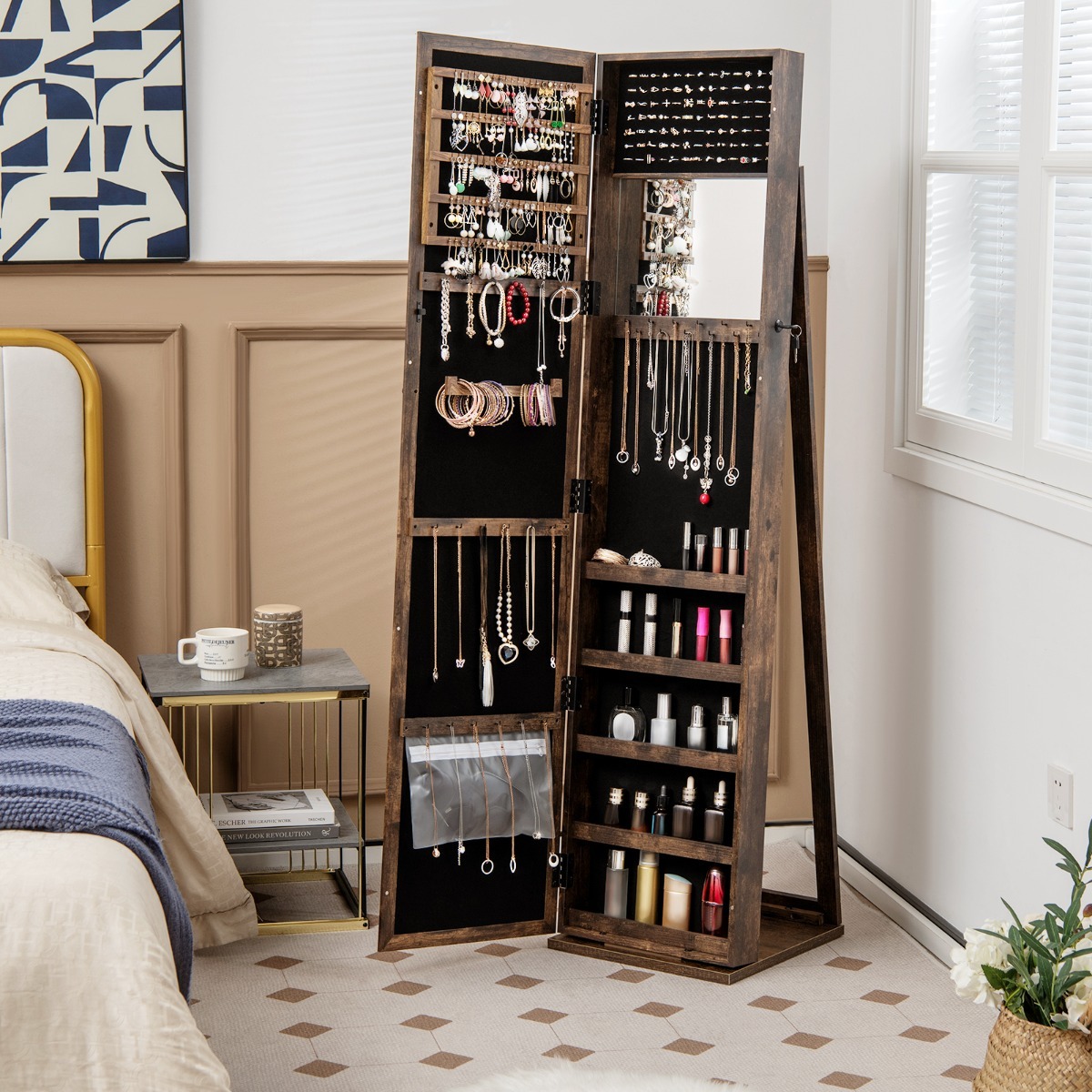 Ellegnt Free Standing Jewelry Armoire with Full Length Mirror for Bedroom