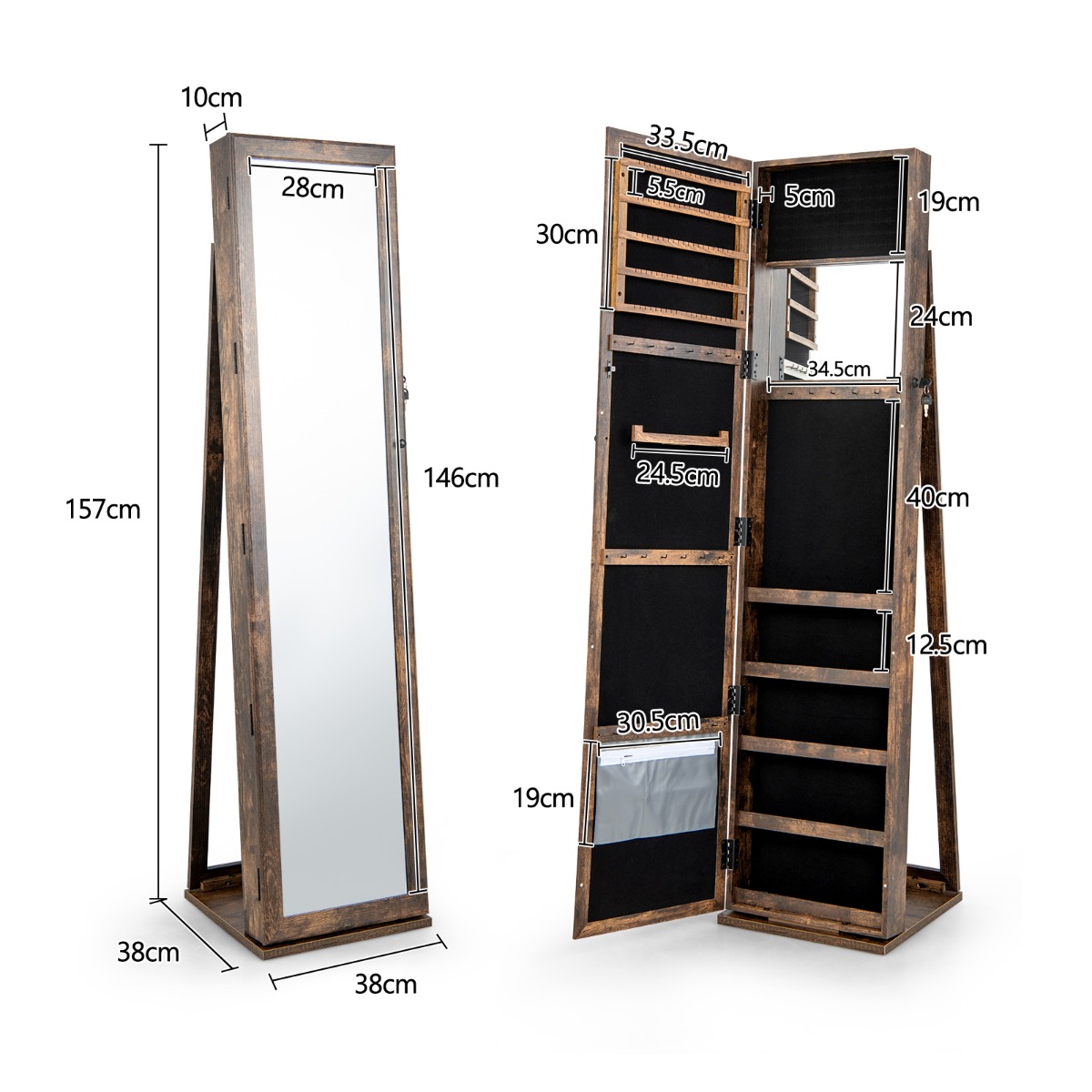 Ellegnt Free Standing Jewelry Armoire with Full Length Mirror for Bedroom