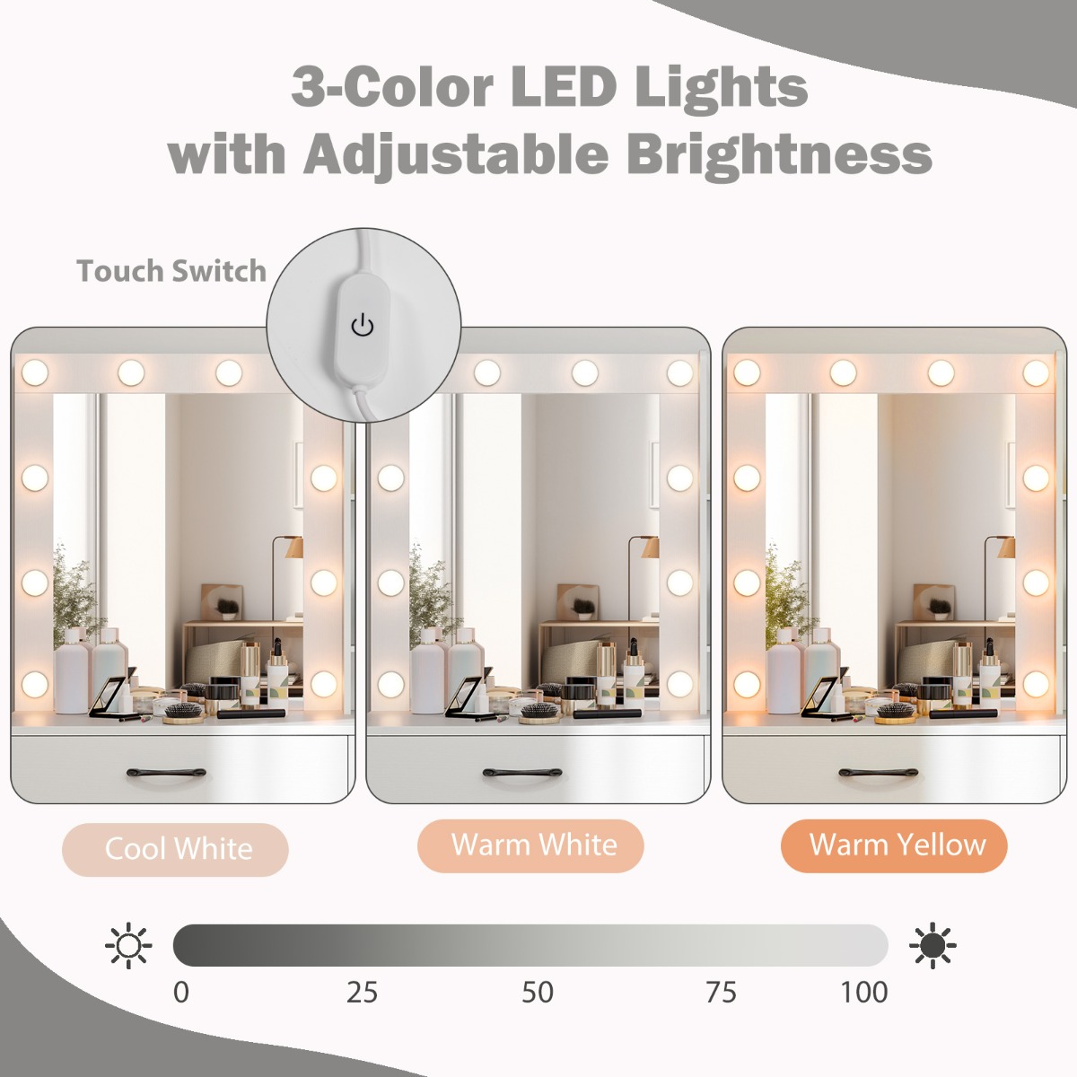 Ellegnt Makeup Vanity Desk with Mirror and 3-Color LED Lights Charging Station