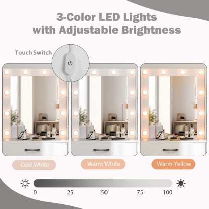 Ellegnt Makeup Vanity Desk with Mirror and 3-Color LED Lights Charging Station
