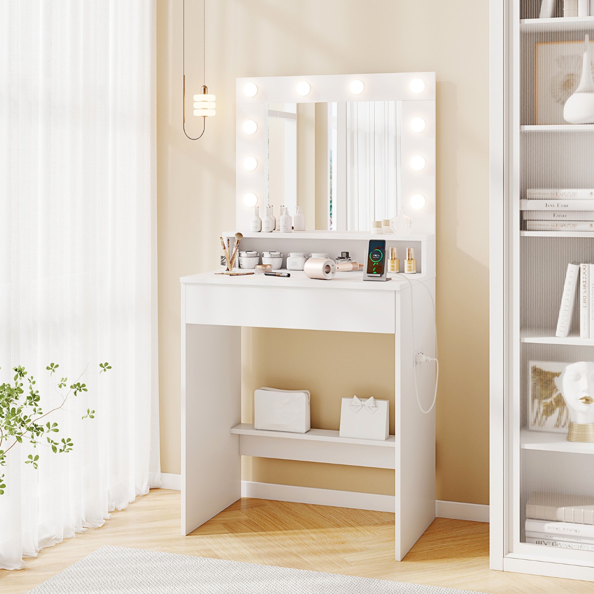 Ellegnt Makeup Table Vanity Desk with Mirror Lights and 3 Light Modes