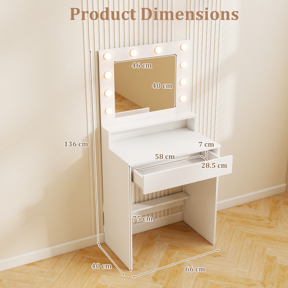 Ellegnt Makeup Table Vanity Desk with Mirror Lights and 3 Light Modes