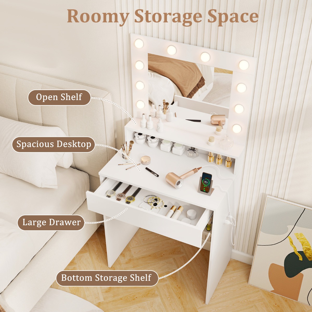 Ellegnt Makeup Table Vanity Desk with Mirror Lights and 3 Light Modes