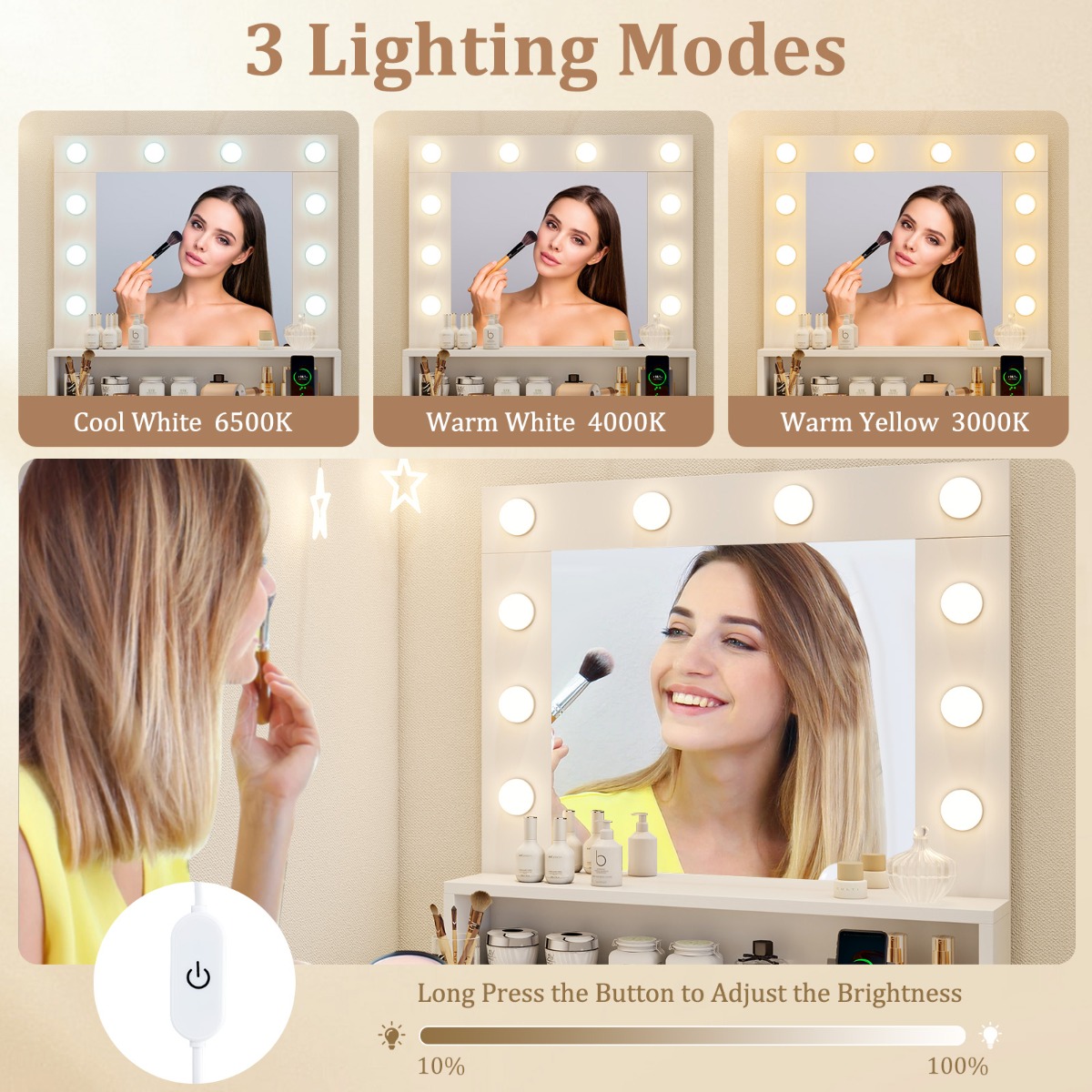 Ellegnt Makeup Table Vanity Desk with Mirror Lights and 3 Light Modes