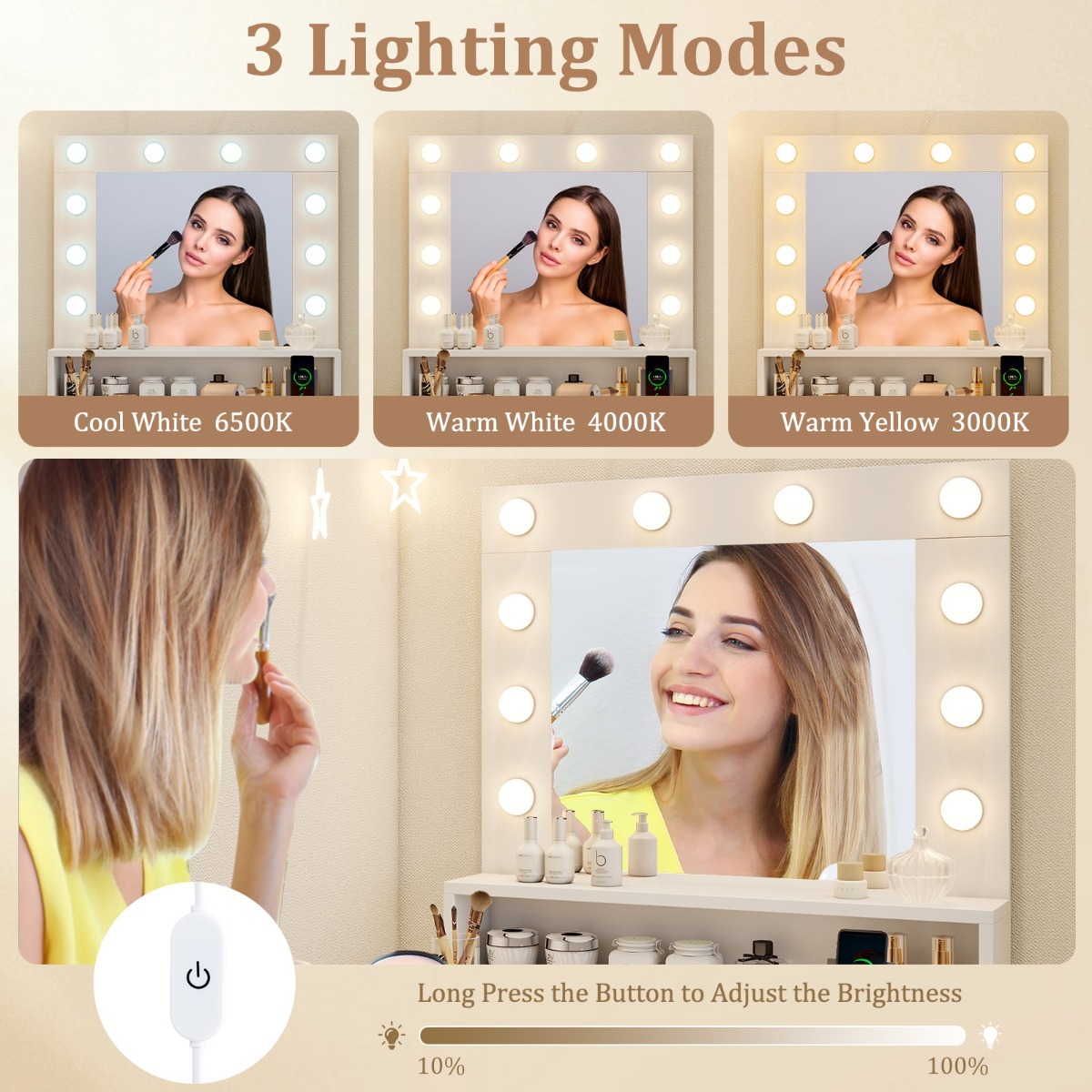 Ellegnt Makeup Table Vanity Desk with Mirror Lights and 3 Light Modes