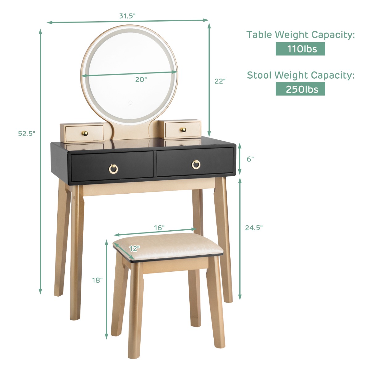 Ellegnt 2-in-1 Dressing Table Stool Set with Makeup Mirror for Bedroom