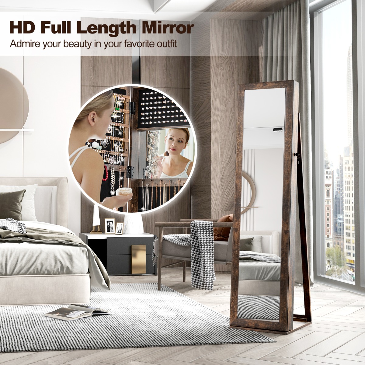 Ellegnt Free Standing Jewelry Armoire with Full Length Mirror for Bedroom
