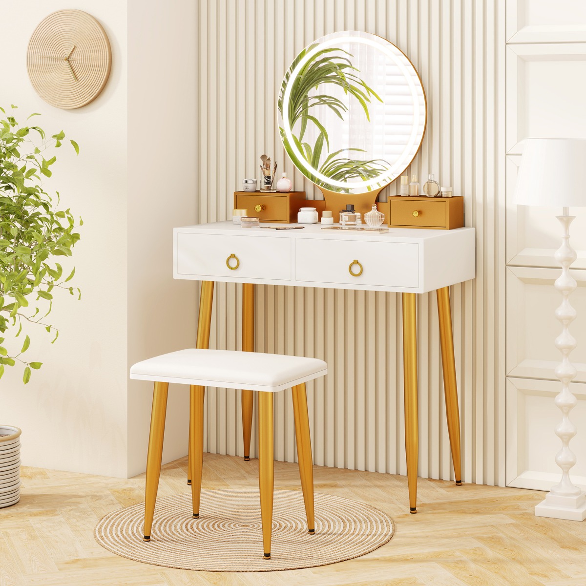 Ellegnt Modern Makeup Vanity Desk Dressing Table with 3-Color Lighted Mirror