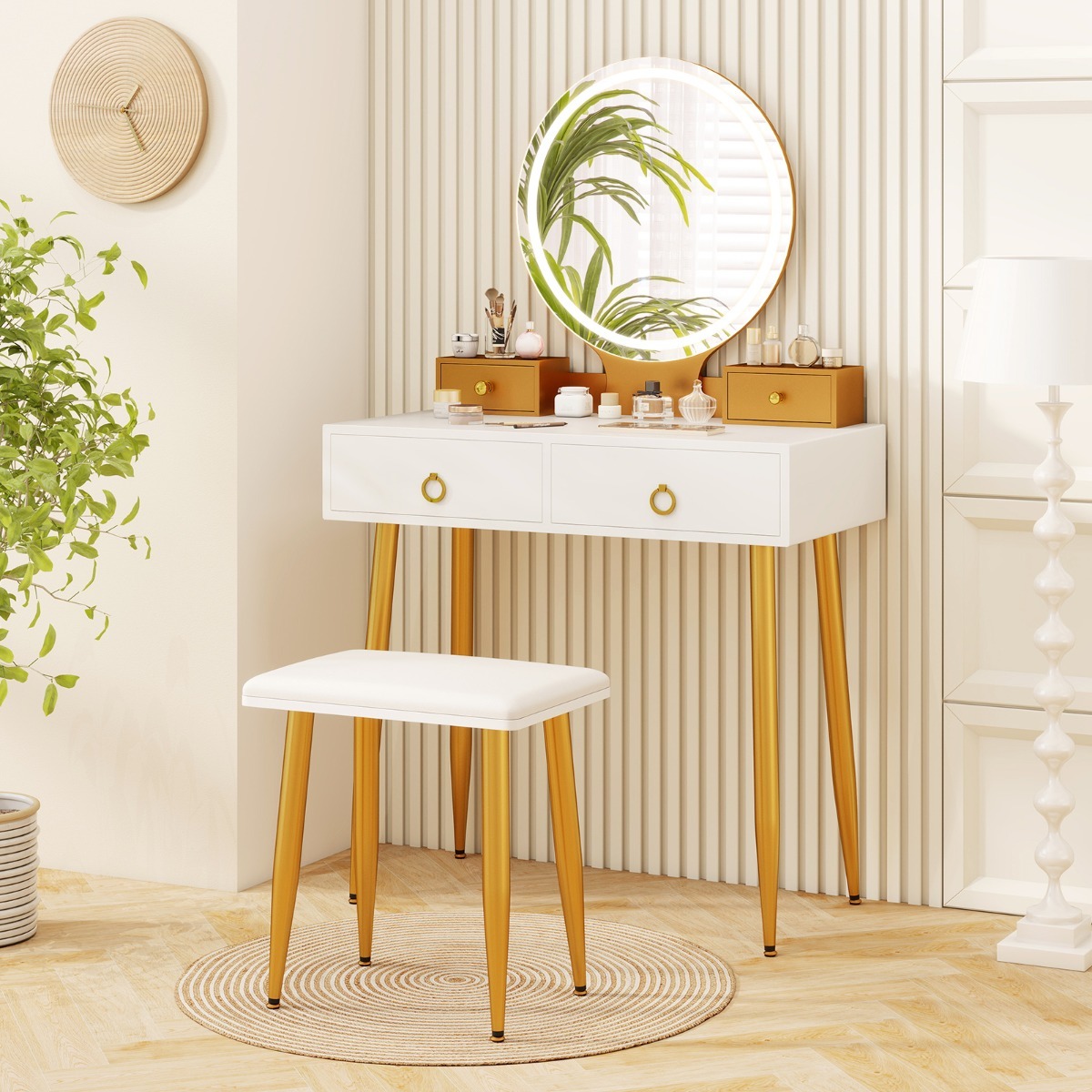 Ellegnt Modern Makeup Vanity Desk Dressing Table with 3-Color Lighted Mirror