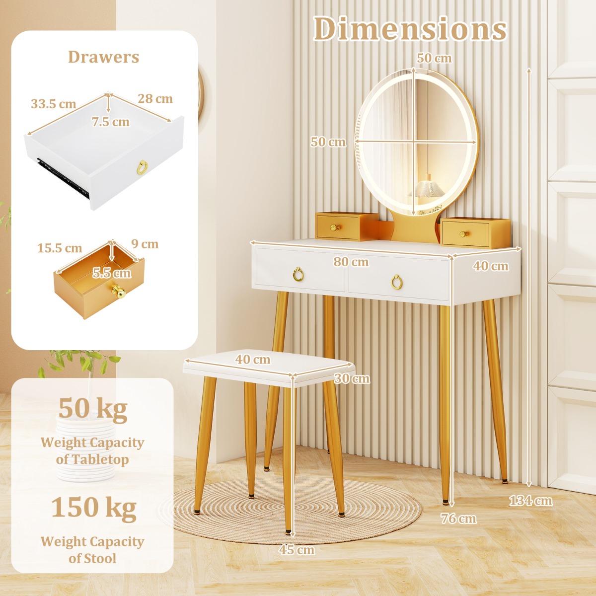 Ellegnt Modern Makeup Vanity Desk Dressing Table with 3-Color Lighted Mirror