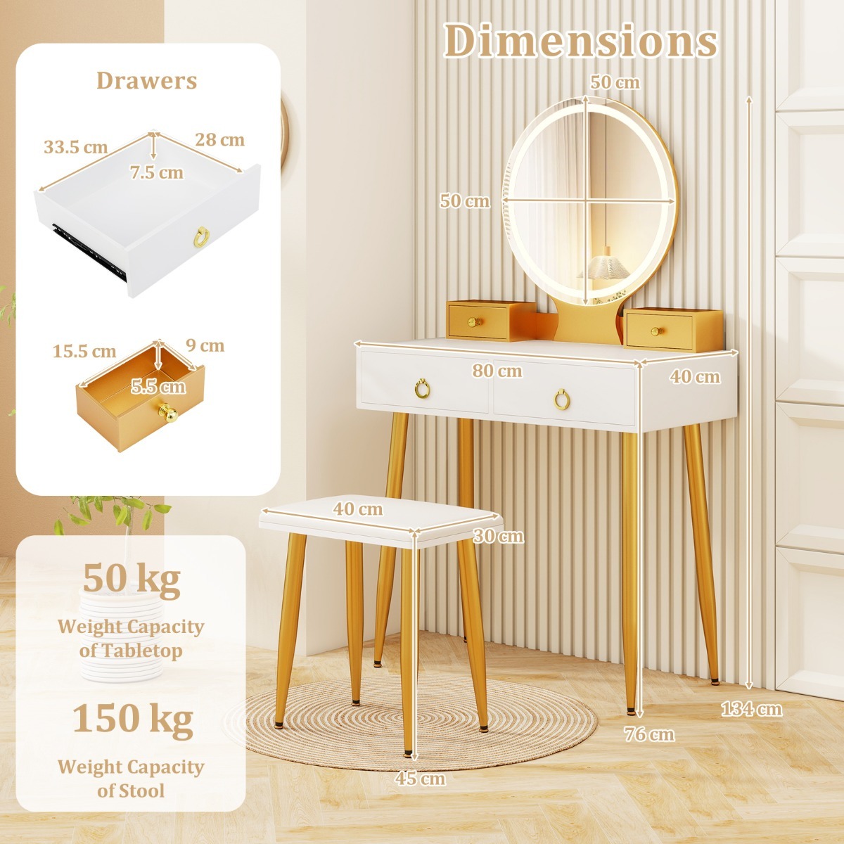 Ellegnt Modern Makeup Vanity Desk Dressing Table with 3-Color Lighted Mirror