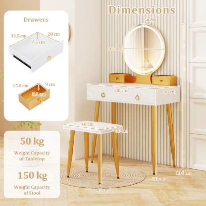 Ellegnt Modern Makeup Vanity Desk Dressing Table with 3-Color Lighted Mirror