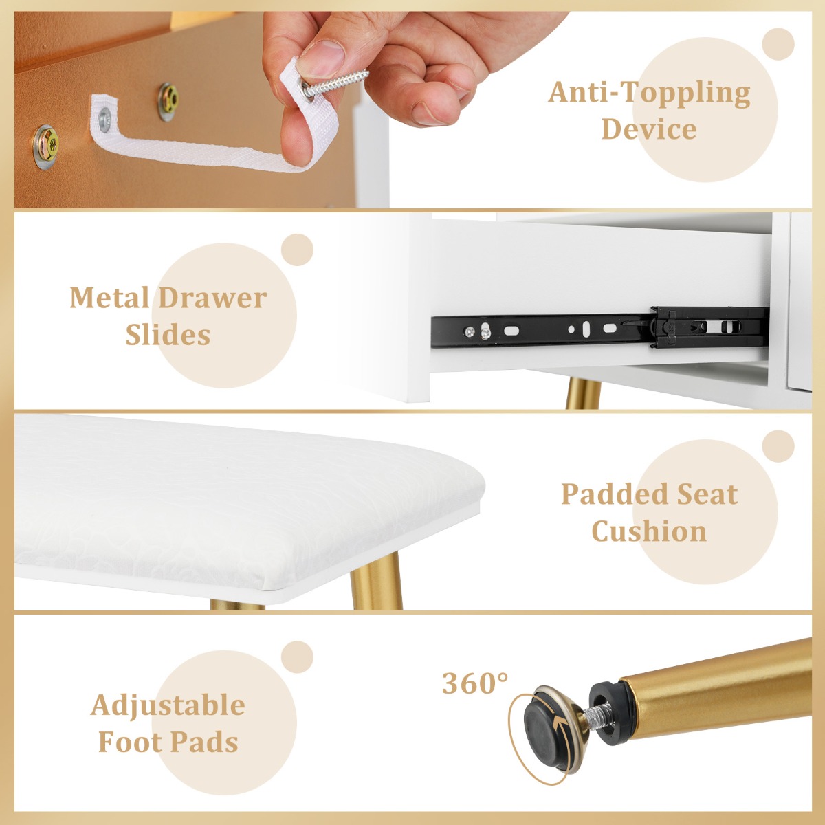 Ellegnt Modern Makeup Vanity Desk Dressing Table with 3-Color Lighted Mirror