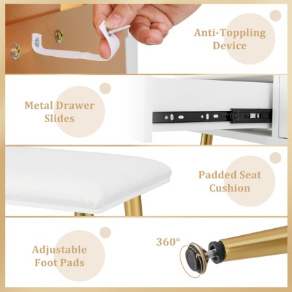 Ellegnt Modern Makeup Vanity Desk Dressing Table with 3-Color Lighted Mirror