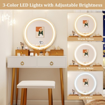 Ellegnt Modern Makeup Vanity Desk Dressing Table with 3-Color Lighted Mirror