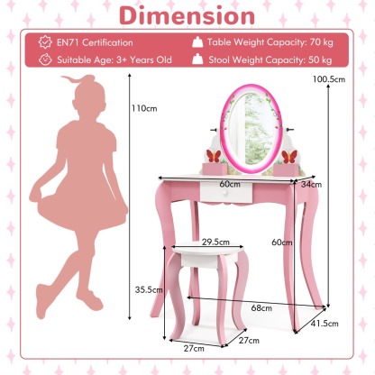 Ellegnt Kids Makeup Dressing Desk Set with 360° Rotating Mirror