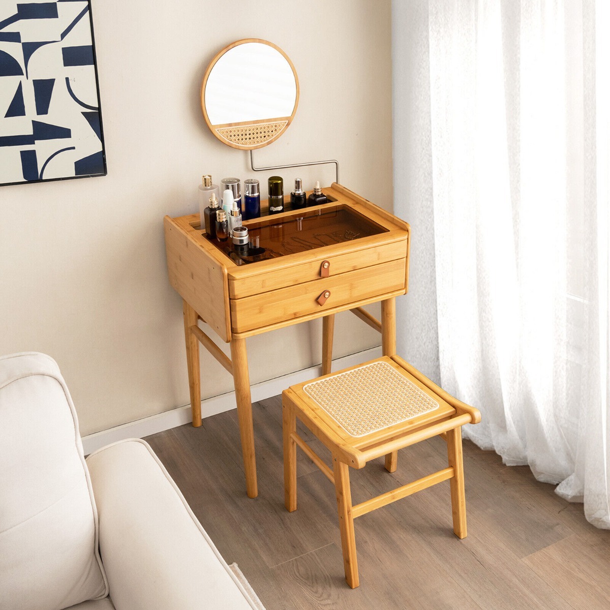 Ellegnt Bamboo Makeup Vanity Table with Mirror and 2 Storage Drawers